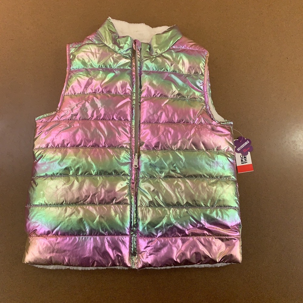 Epic Threads Girls Size XL Metallic Rainbow Sherpa Reversible Puffer Vest NWT